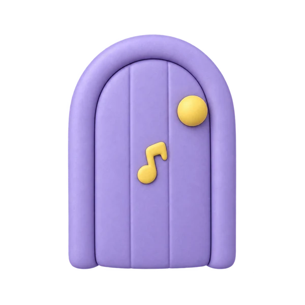 A lilac clay door with a yellow music note on it: the grown-up door