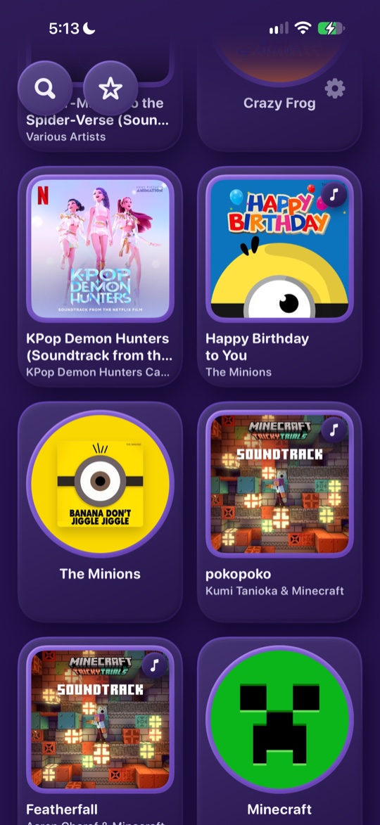 The home grid: big album cards from many artists, each one a single tap